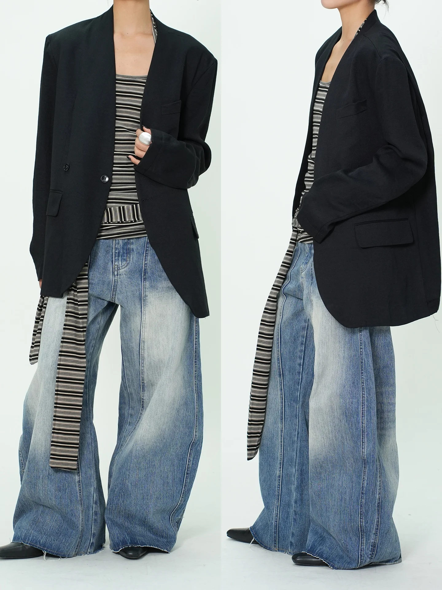 

Retro Washed Distressed Hem Design Loose Feel Commuter Genderless Denim AIRROOM Natural Waist No Stretch Other Fabric