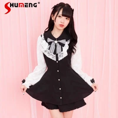 Kawaii Lolita Suit Japanese Mine Mass-Produced Long Sleeve Imitation Long Sleeve Dress and Slim Shorts Two Piece Sets Outifits