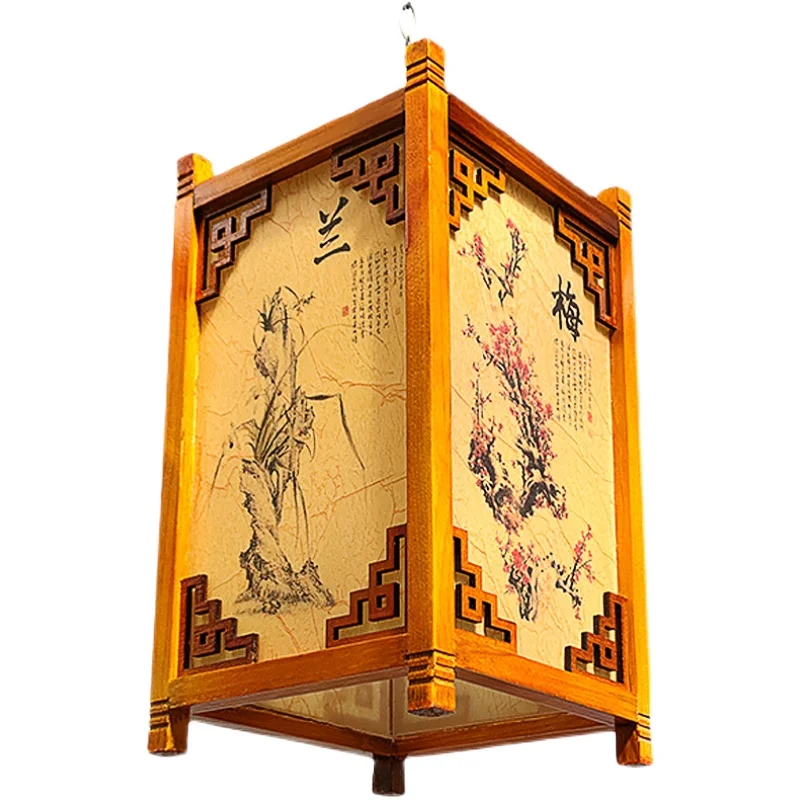 

Chinese antique solid wood square sheepskin lantern teahouse corridor custom advertising four-sided printing palace lamp decorat
