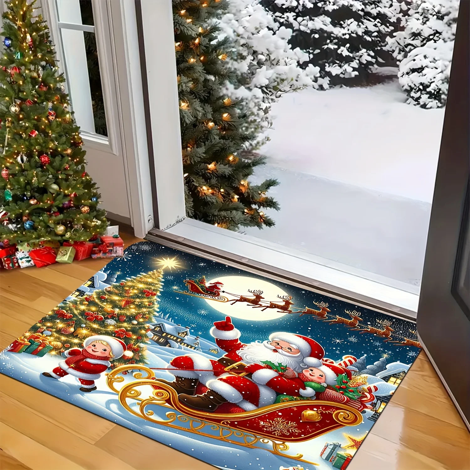

Коврик для двери Санта-сани, снежный лес, олень, нескользящий коврик из полиэстера, который можно стирать в машине, для декора многокомнатных помещений и на открытом воздухе