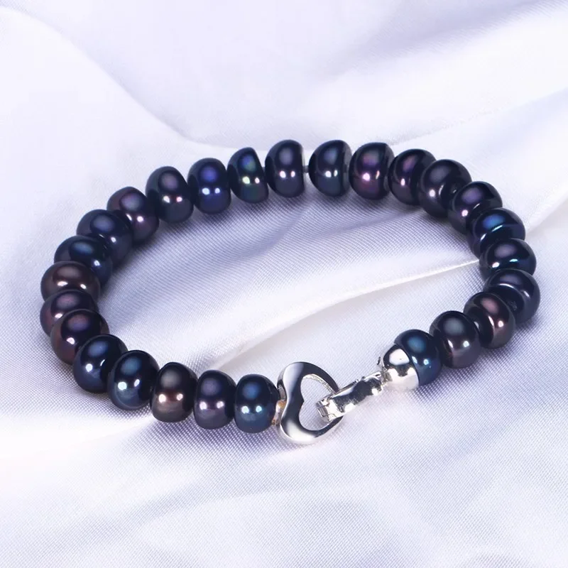 HENGSHENG 2019 New Black Natural Pearl 18cm Bracelet For Women 9-9.5mm Bread Round Freshwater Pearl With Cute Love Shape Buckle