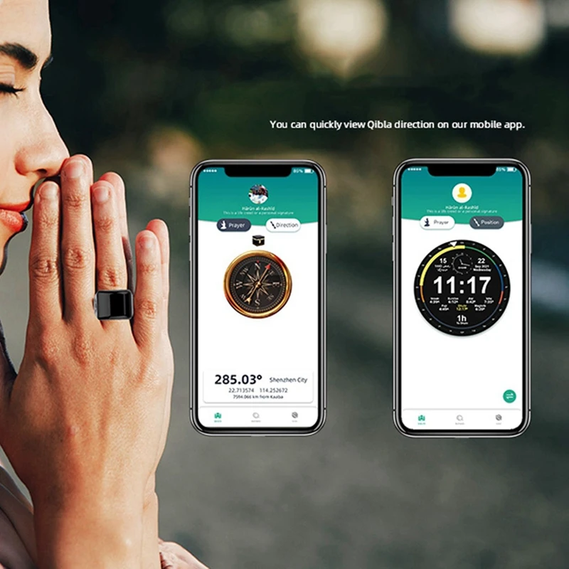 Zinc Alloy Smart Ring With Charging Box Waterproof Digital Counter APP Controlled Display 5 Prayer Time Reminders Silver,20Mm