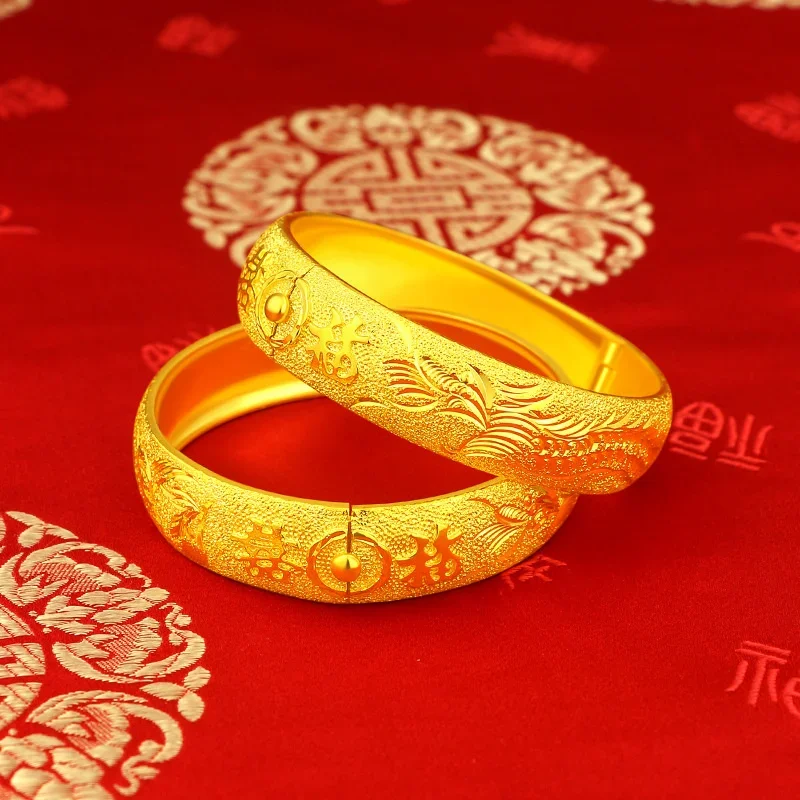 

UMQ24K Gold Plated Double 15mm Happy Dragon Phoenix Bracelet for women bride bangles Wedding Engagement High Jewelry Gifts