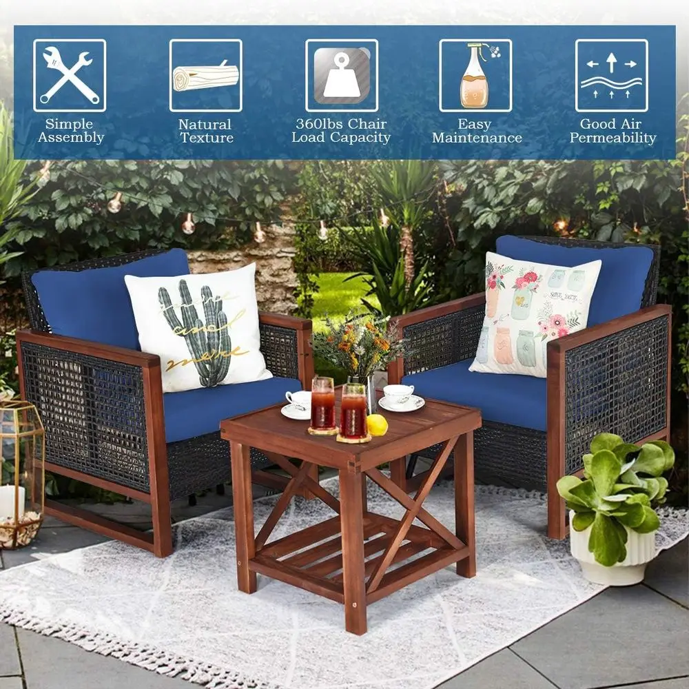 Blue Outdoor Rattan Sofa Set with Washable Cushions and Acacia Wood Coffee Table for Patio Conversations