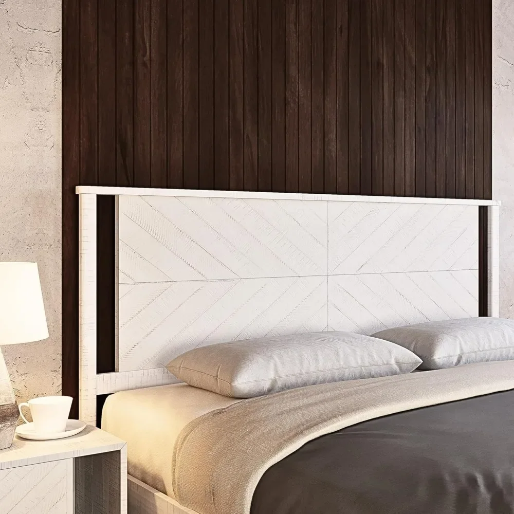 Headboard, rustic and Scandinavian style, equipped with solid acacia wood, easy to assemble, king, rustic white