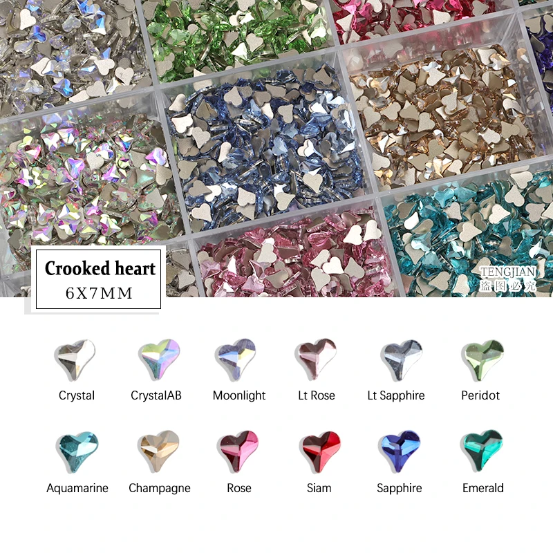 Crooked Heart 6x7MM Glittering Flat Back Glass Mini Nail Art Rhinestones 12Color 3D DIY Manicure Decorations Diamond 30/100Pcs