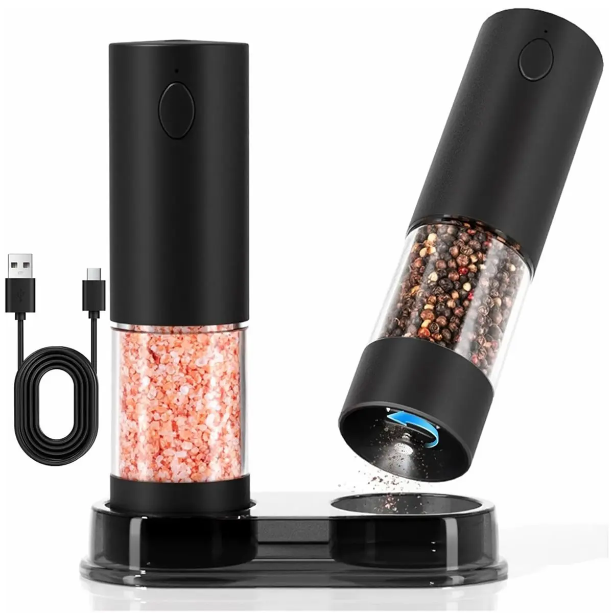 【Abrasives】 Electric Salt and Pepper Grinder Set USB Rechargeable Automatic Pepper Mills and Salt Grinders Adjustable Coarseness