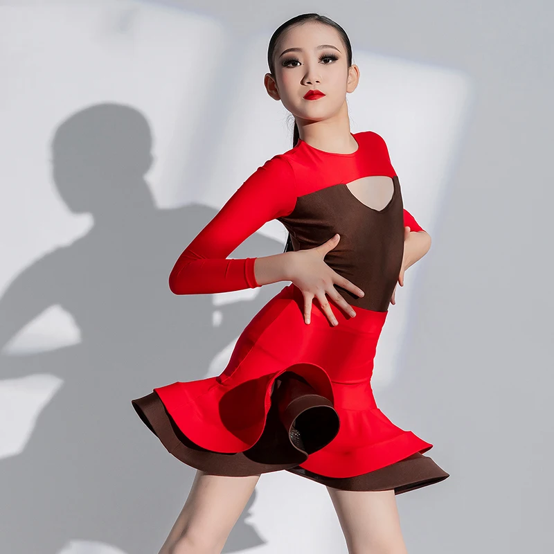 

Girls Red Latin Dance Dress Long Sleeve Performance Suit ChaCha Modern Samba Dancer Clothes Children Competition Costume VDB6076