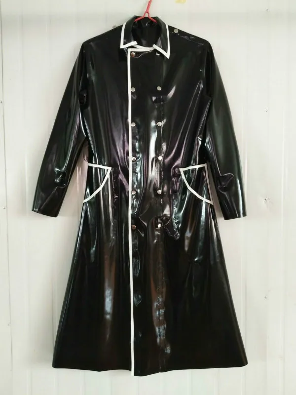 

100% latex Rubber Gummi Black sexy long jacket, black belt, stylish, comfortable, role-playing, party xs-xxl 0.4 mm