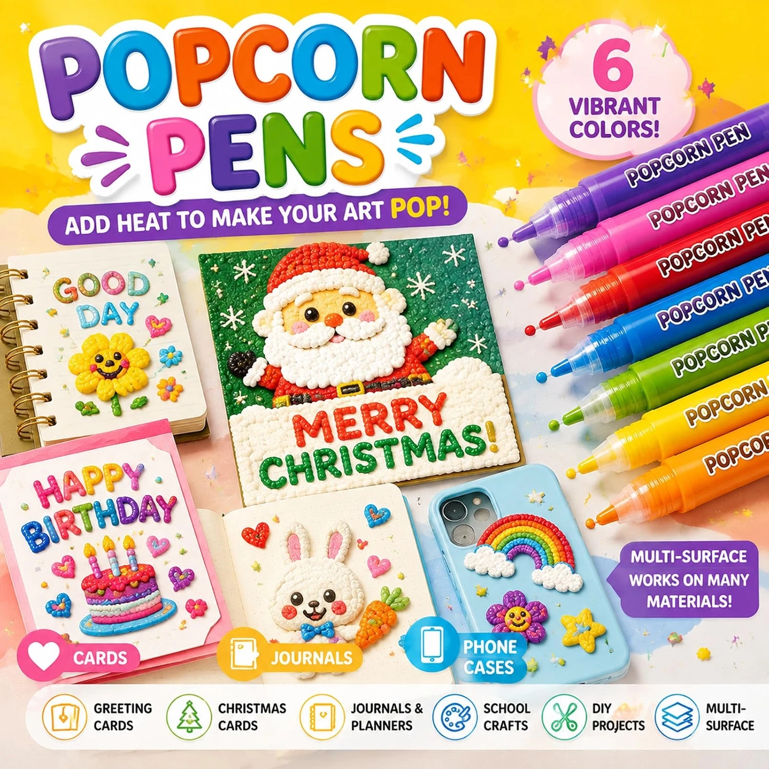 Puffy Popcorn Pen Set 6/12 Colors 3D Art Marker Smooth Easy Coloring Drawing Pen for Journal Notebook Greeting Card DIY Craft