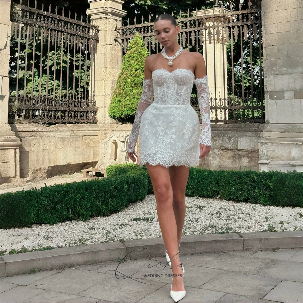 QICHE Luxe Schede Korte Trouwjurk Vrouwen 2026 Lange Mouwen Sweetheart Open Back Party Gown Vestidos De Novia Aangepaste