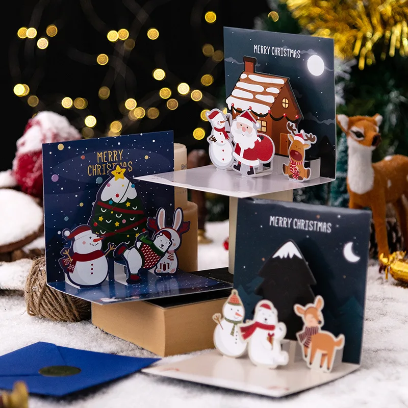 

6pcs/lot 3D Pop Up Greeting Cards Paper Handwritten Blessing Christmas Cards with Envelope Thanksgiving New Year Gifts Deco