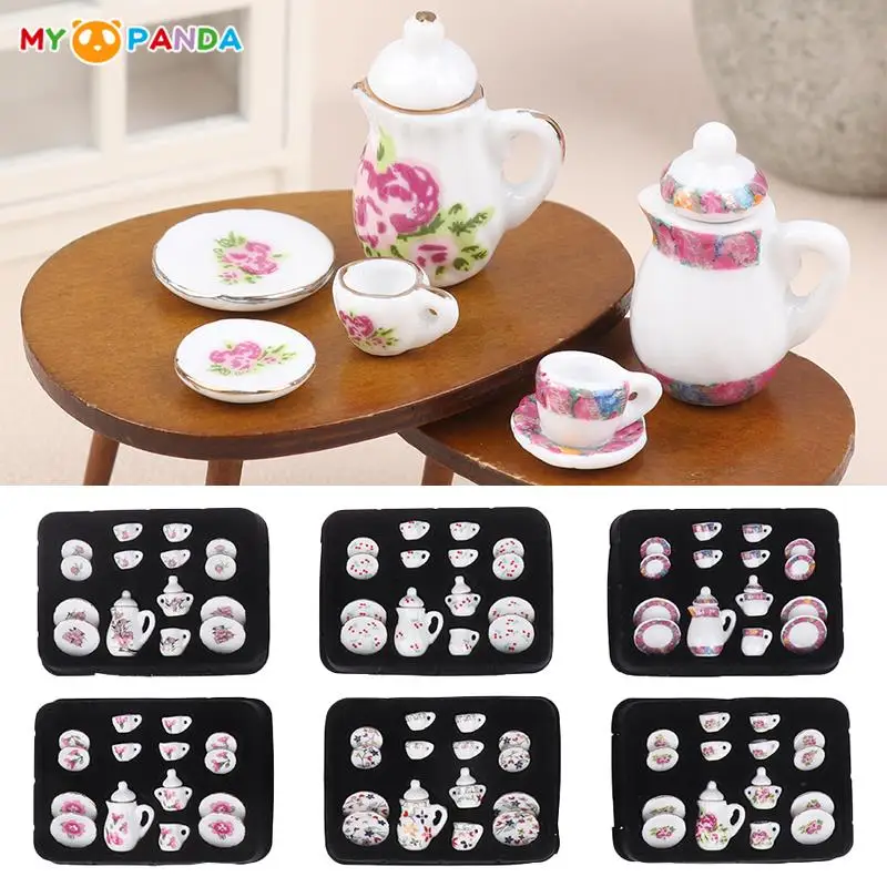 1Set 1:12 Dollhouse Miniature Ceramic Tea Set Cup Kettle With Tray Flower Tableware Model DIY Doll House Kitchen Scene Decor