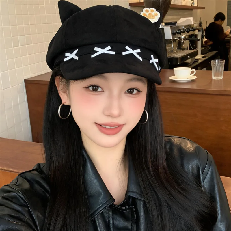 Vintage Cat Ear Newsboy Cap Cross Ribbon Baker Boy Hat Harajuku Kawaii Cat Paw Autumn Winter Peaked Beret Photo Prop Streetwear