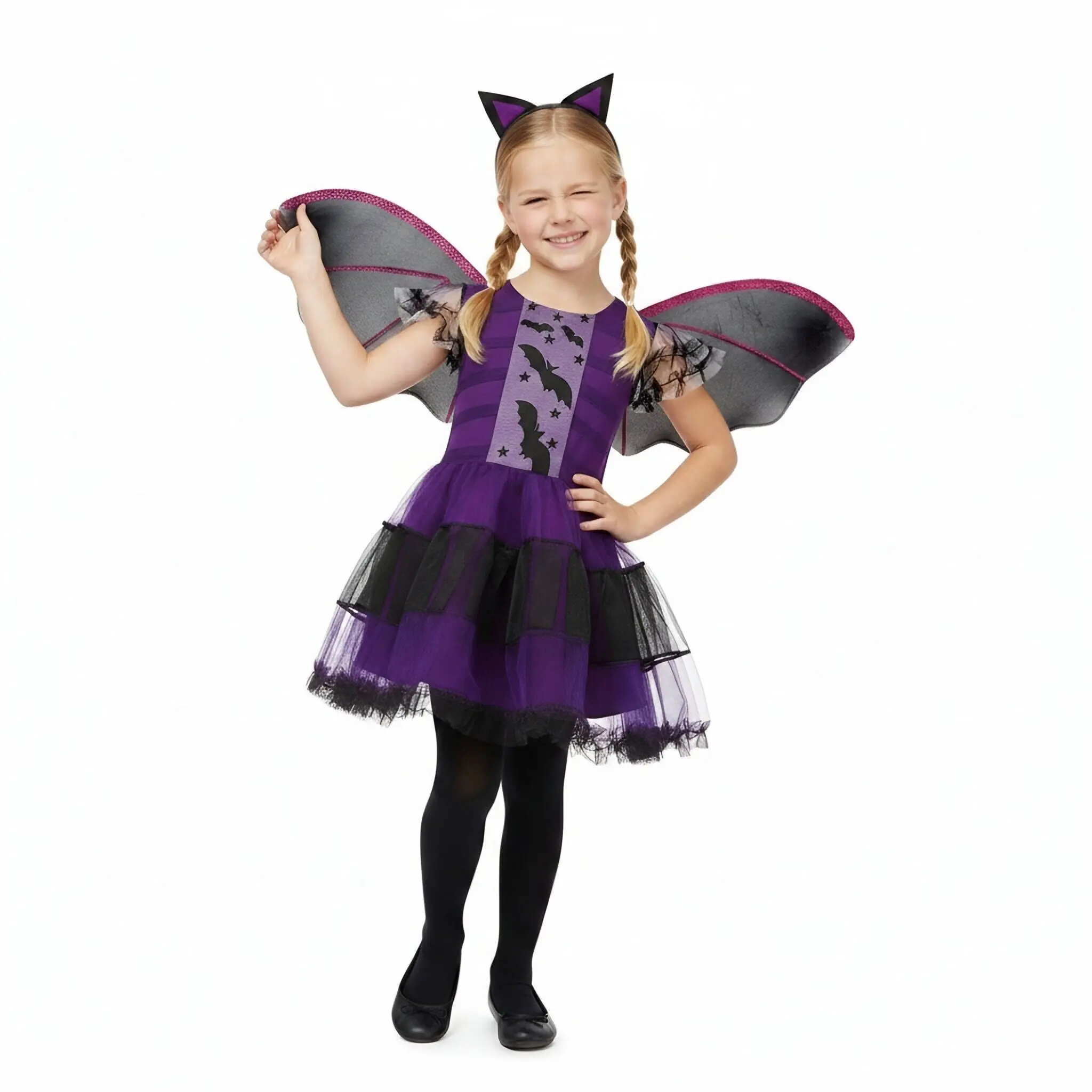 Halloween Cosplay Party Mädchen Kostüm Vampir Dämon Kleid 3-teilig Stirnband Flügel Set Kinder Karneval Vestidos Kostüm – Detail 5