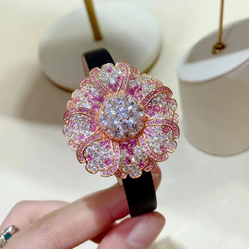 Luxury S925 Sterling Silver Inlaid High Carbon Diamond Petal Removable Multi Wear brooch Wristband Rose Gold Premium Jewelry