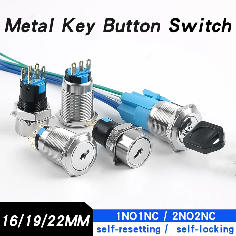 Stainless Steel Metal Key Rotary Switch 16/19/22MM Key Lock Self-locking Self-reset 2 Position 3 Position Selector Switch