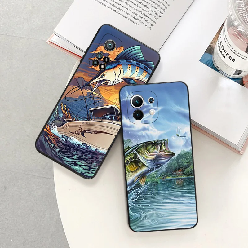 Phone Case For Redmi 10C 10A Note 11 Pro 10 10s 11s Cartoon Carp Fishing Art Xiaomi 10t 11t Lite Black Soft Protective Cover image 2