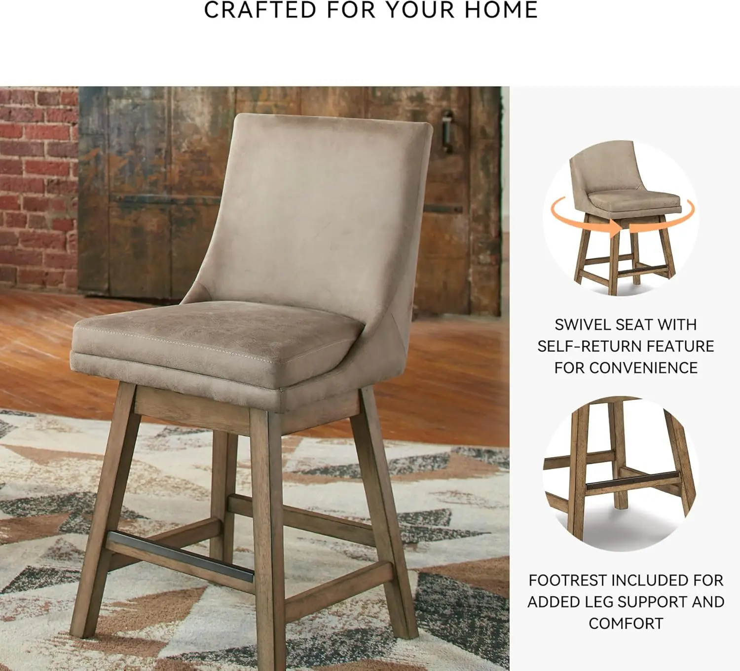 Kursi Bar Tinggi Modern Berlapis Kain Beige, Set 2 dengan Putar dan Sandaran Kaki