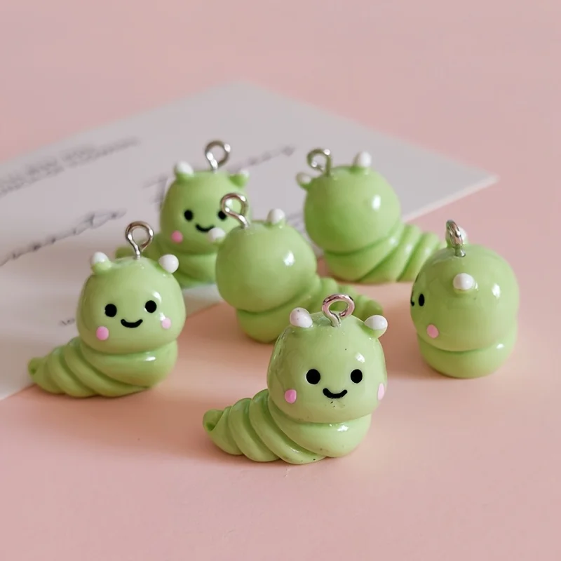 6Pcs Cute Green Smiling Blush Caterpillar Resin Charms Funny Animal Pendants DIY Handmade Jewelry Making Accessories