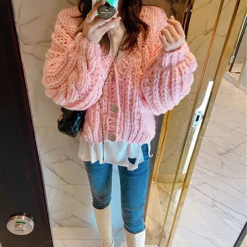 Chic Coarse Yarn Knitted Cardigan Women Sweet Young Fashion All-match Coats Girls Loose Leisure Solid Simple Soft Overcoats Ins