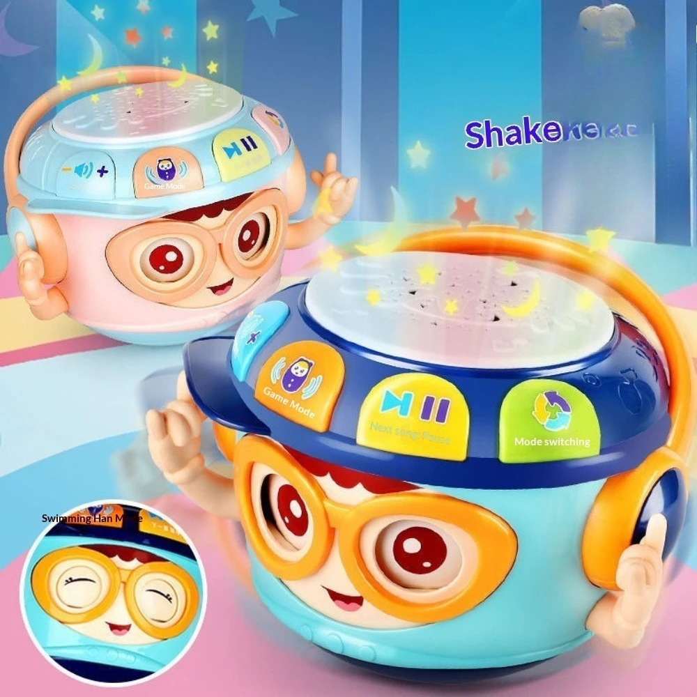 Multi Functional Early Education Hand Pumped Drum Toy with Lights and Music Non Falling Wooden Hand Pumped Drum