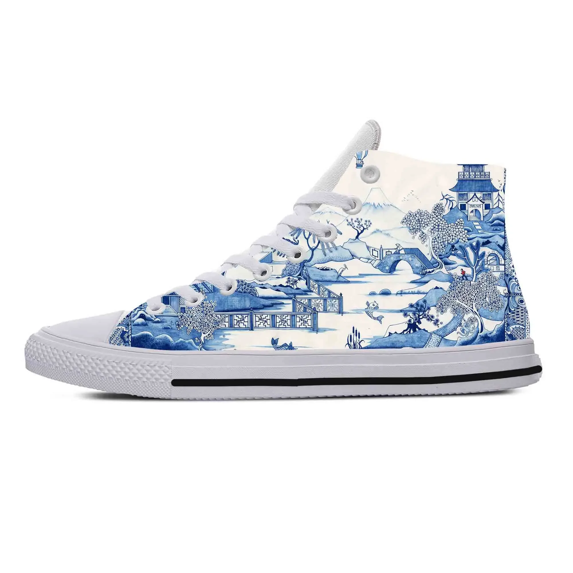 

Blue White Willow Pagoda Chinoiserie Pattern Cool Casual Cloth Shoes High Top Comfortable Breathable 3D Print Men Women Sneakers