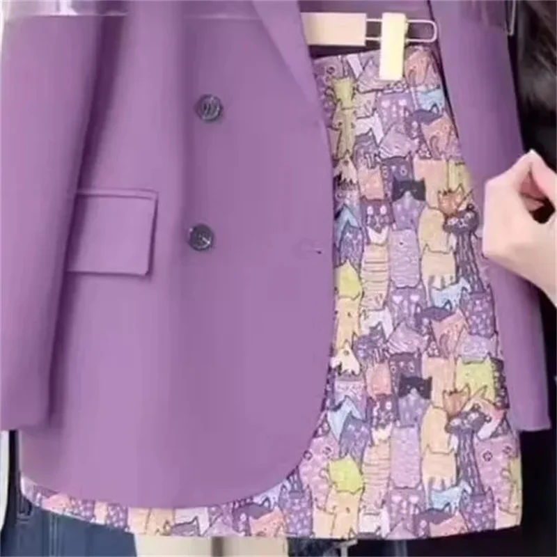 Fashion Women Sets Spring Summer High-end Blazer Jacket Printed Skirt Two-piece Suit Ladies Casual Temperament Purple Suit Coat