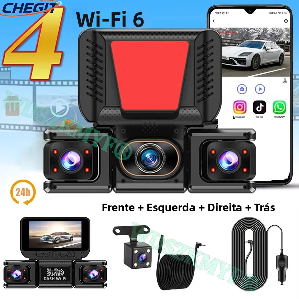 Câmera de Painel para Carro 4LENS WIFI 360 °   Monitor de Estacionamento 24H 4CH 1080P Full HD DVR Automotivo Câmera Frontal Traseira Interior Visão Noturna