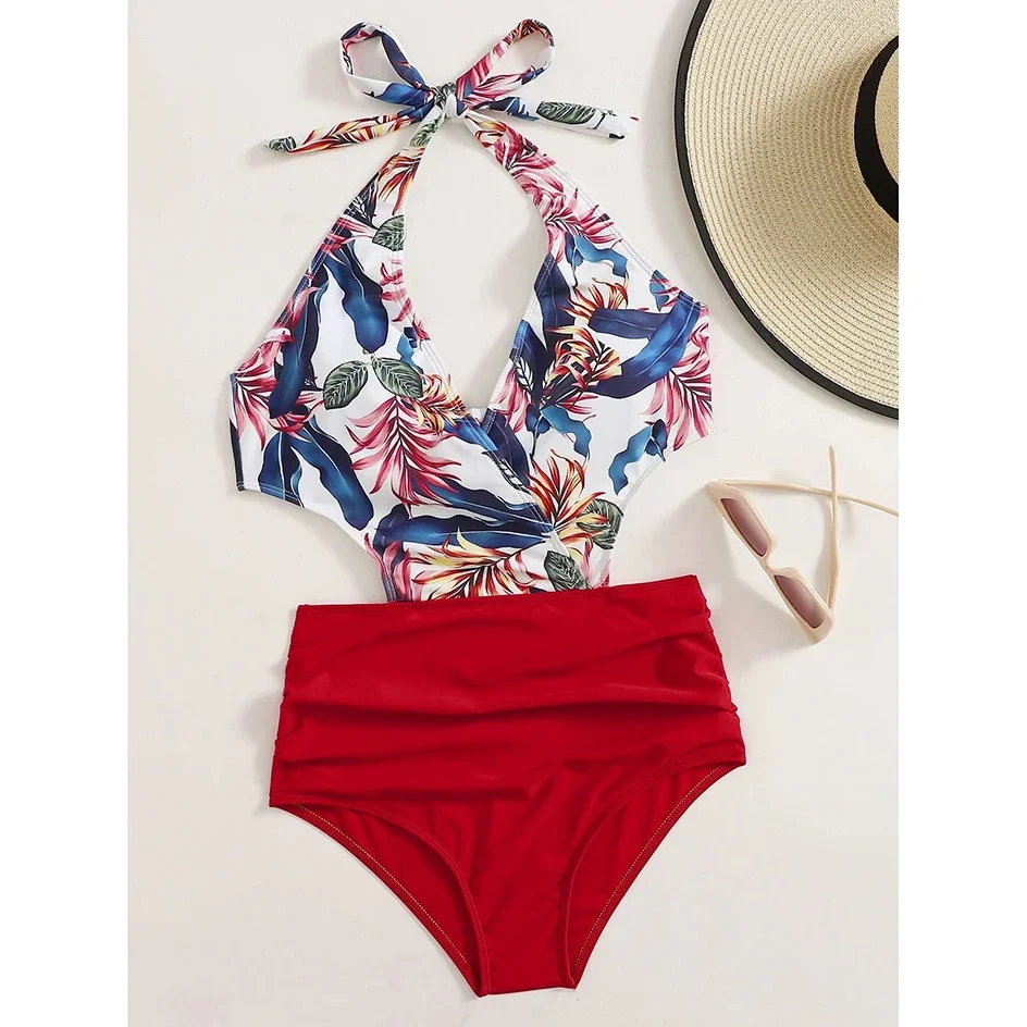 Bañador Sexy de una pieza con cuello Halter para mujer, traje de baño femenino de cintura alta, Bikini de retazos para nadar, Monokini para mujer 2023