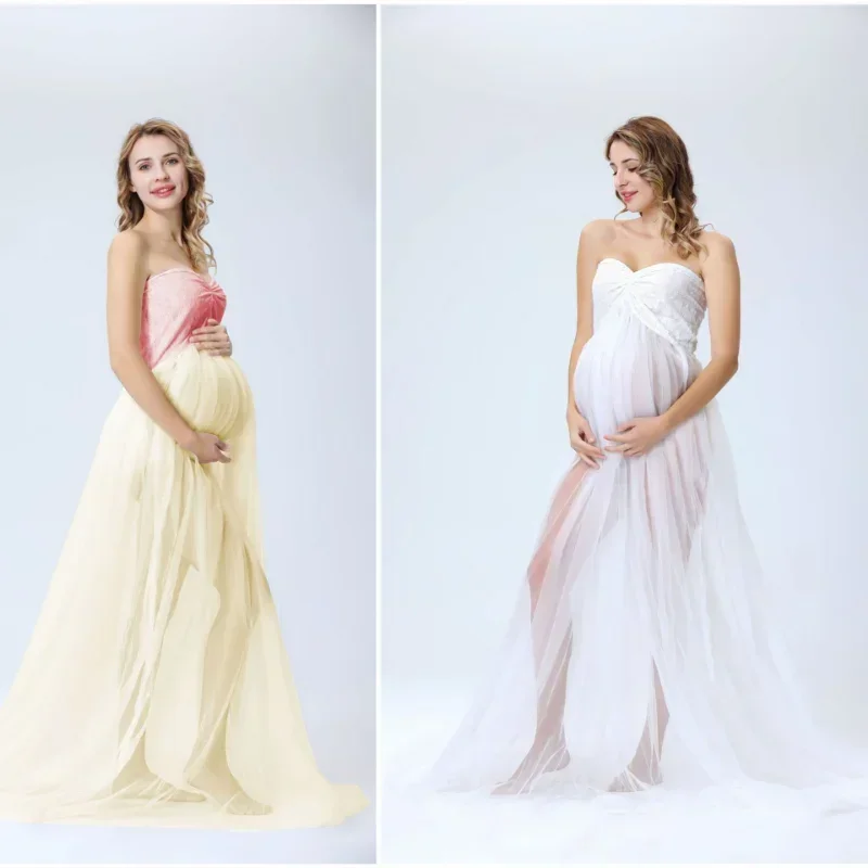 New Sexy Bra Gauze Maternity Dress Sleeveless Color Matching Lace Dress Photography Props Maternity Dress Party Evening Gowns