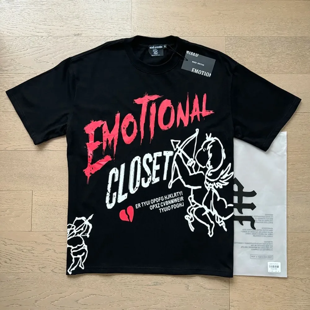 

2025 High Quality MIXED EMOTION Short Sleeve T Shirt Men Couple style Daily Casual Angel Letter Print Mixed Emotion Tees Clothe