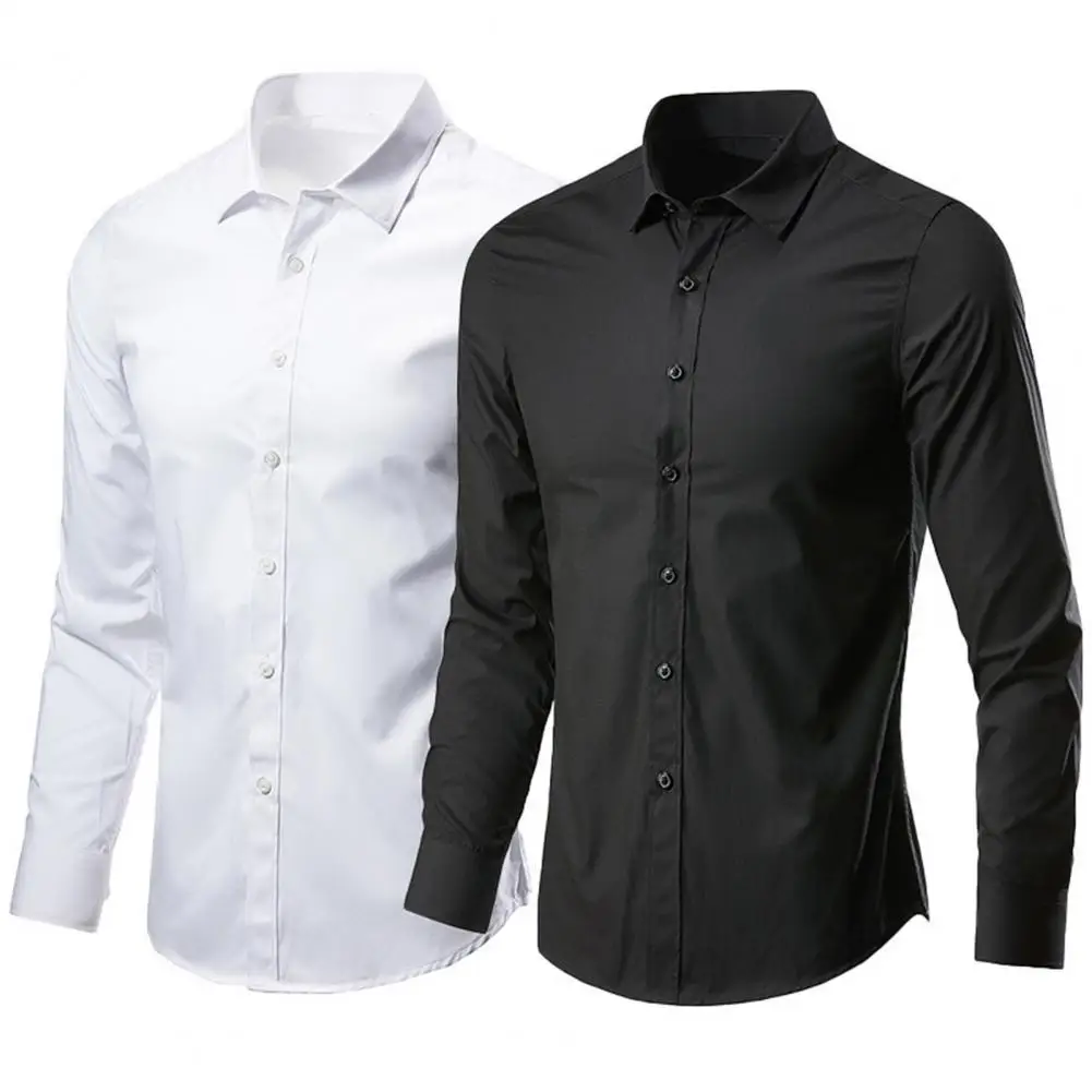 Camisa ajustada elástica para hombre, camisa de manga larga con cuello vuelto, diseño de un solo pecho, suave para Plus