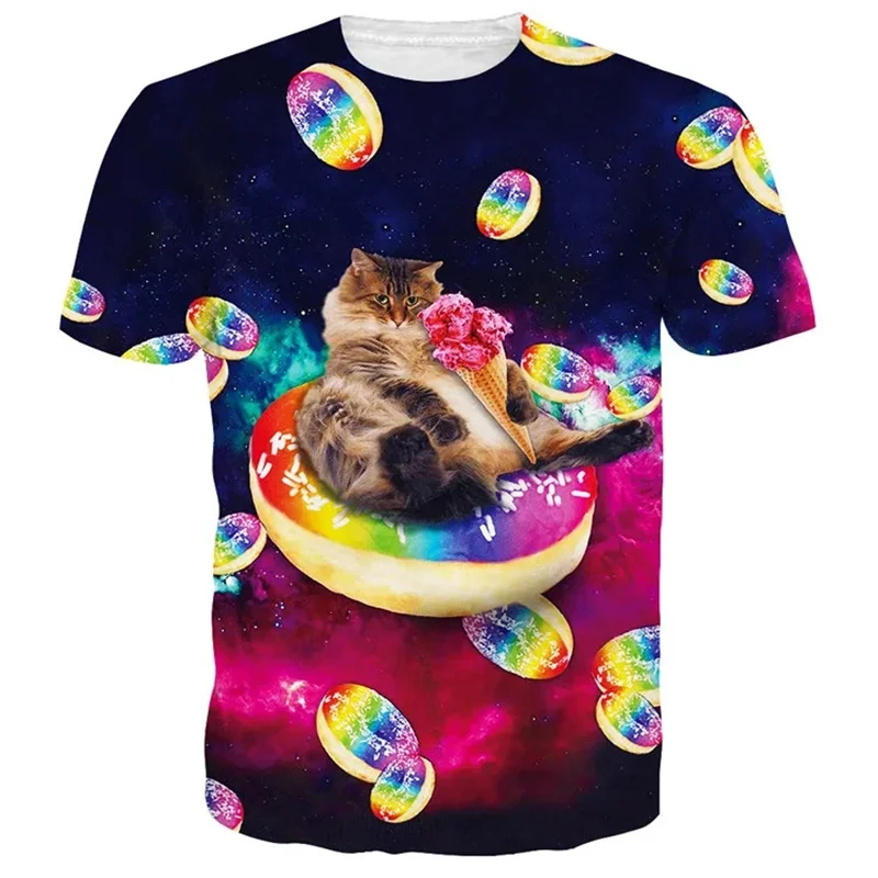 Summer 3D Print Funny Cats T Shirt Men Galaxy Cat Graphic Short Sleeve Personality Casual O-neck Street Round Neck Tees Clothes