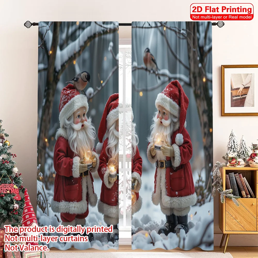 

2pcs 2D flat printing Merry Christmas Party Curtains Winter Gnomes Forest Friends Lanterns Polyester Fabric Without Electricity