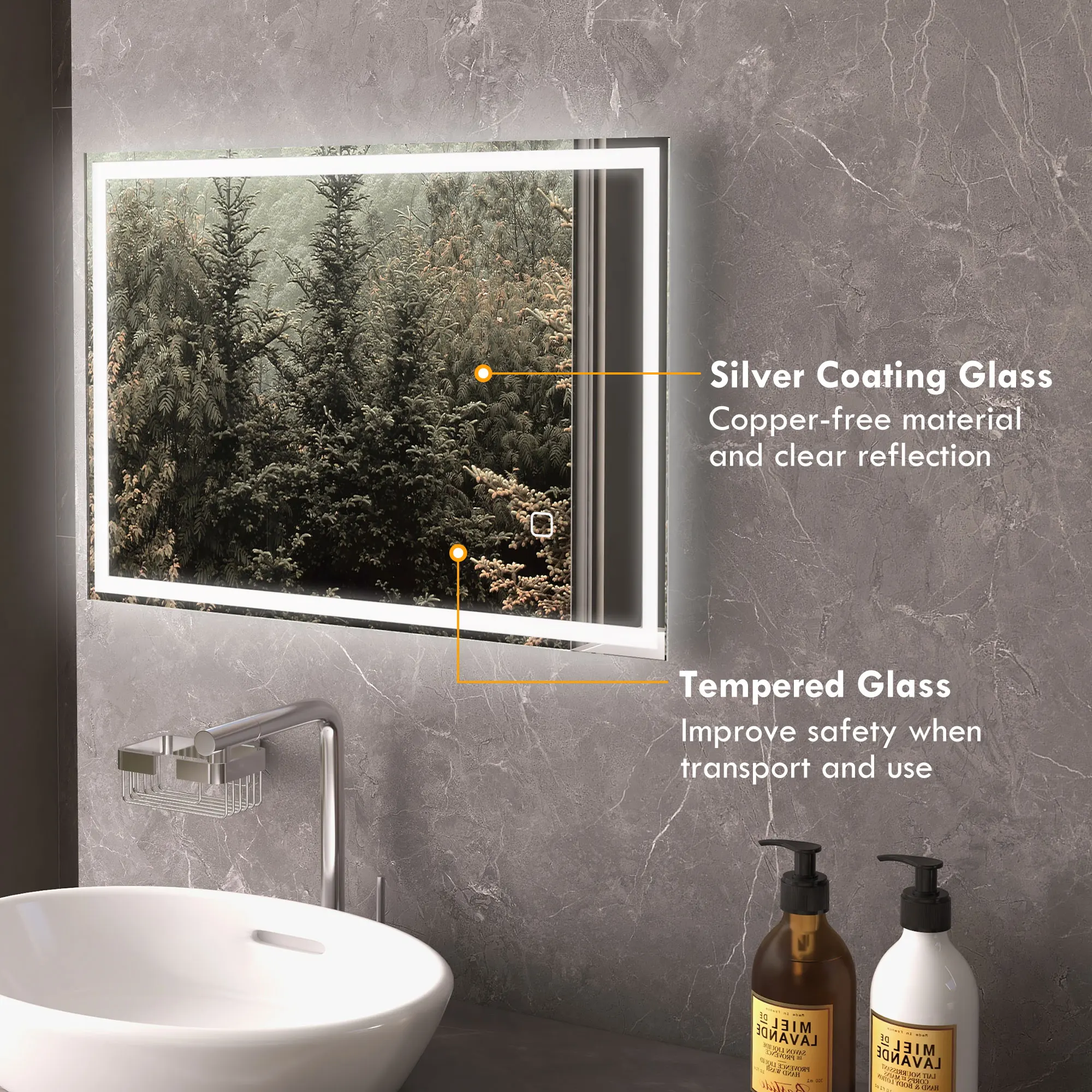 HOMCOM Modern Style Silver Dimmable LED Bathroom Mirror with 3 Colors and Defogging Function