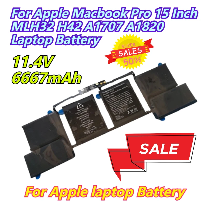 

11.4V 6667mAh for Apple Macbook Pro 15 Inch MLH32 H42 A1707 A1820 Laptop Battery