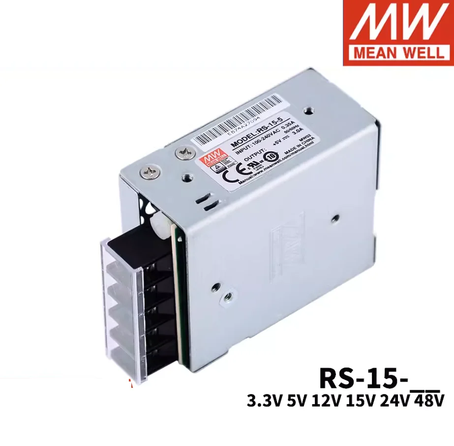 MEAN WELL-fuente de alimentación conmutada de salida única RS-15, RS-15-3.3 RS-15-5 RS-15-12 RS-15-15 RS-15-24 RS-15-48V 15W