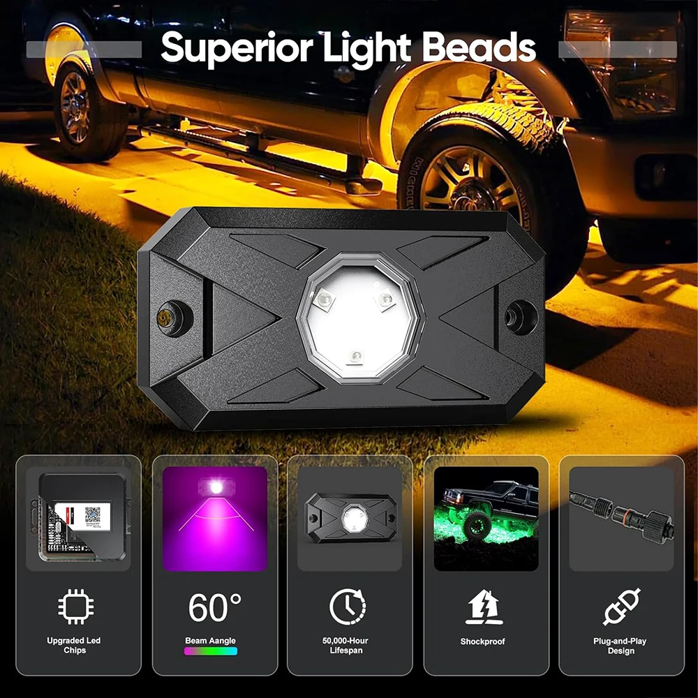 Underglow Rock Lights 8 /12 Pods RGB Led Multi Color App Remote Control  Music Mode  Well For Pickup ATV RZR UTV Chassis Light