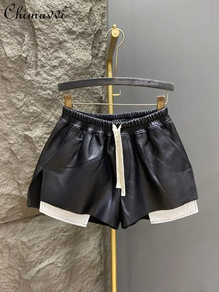 Spring Autumn Fashion Black White Color Matching Drawstring PU Leather Shorts Women's Loose Casual Elegant Split Wide-Leg Pants