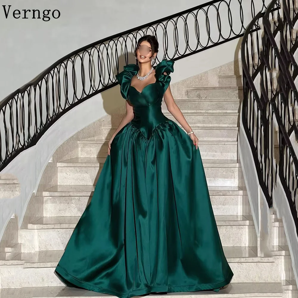 

Verngo Dark Green Satin Evening Dress Sweetheart A Line Maxi Prom Gowns Saudi Arabia Formal Occasion Dress Customized