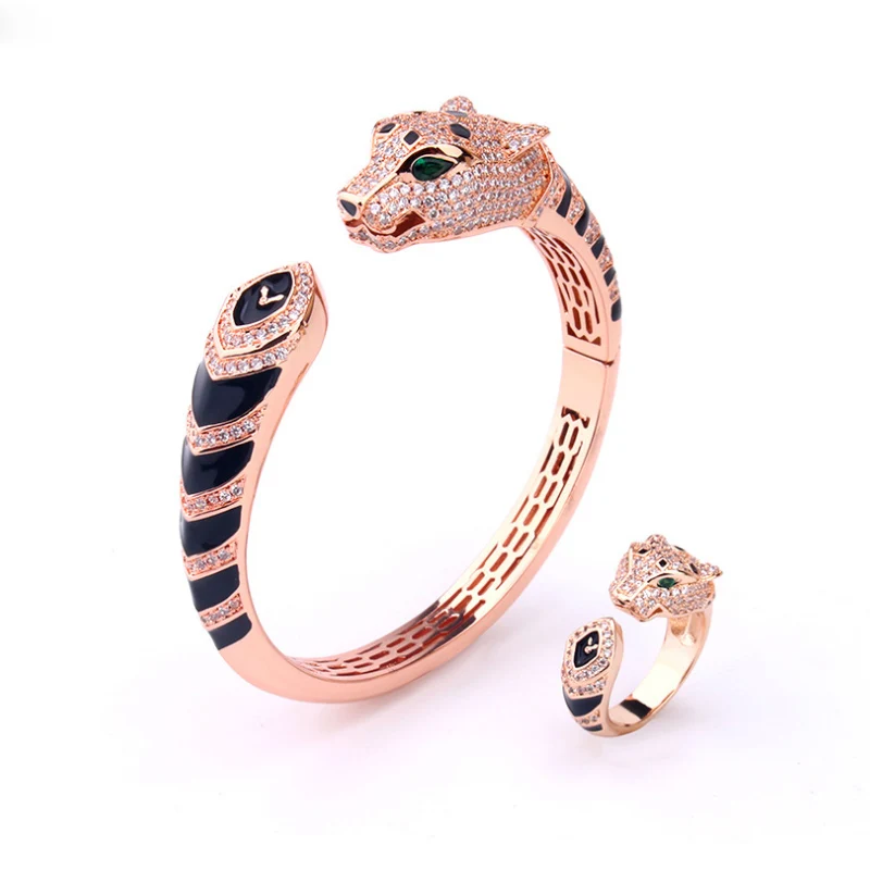 

Bobokiki Jewelry Fashion Domineering Enamel Leopard Titanium Micro-Inlaid AAA Zircon Luxury Bracelet Ring Set