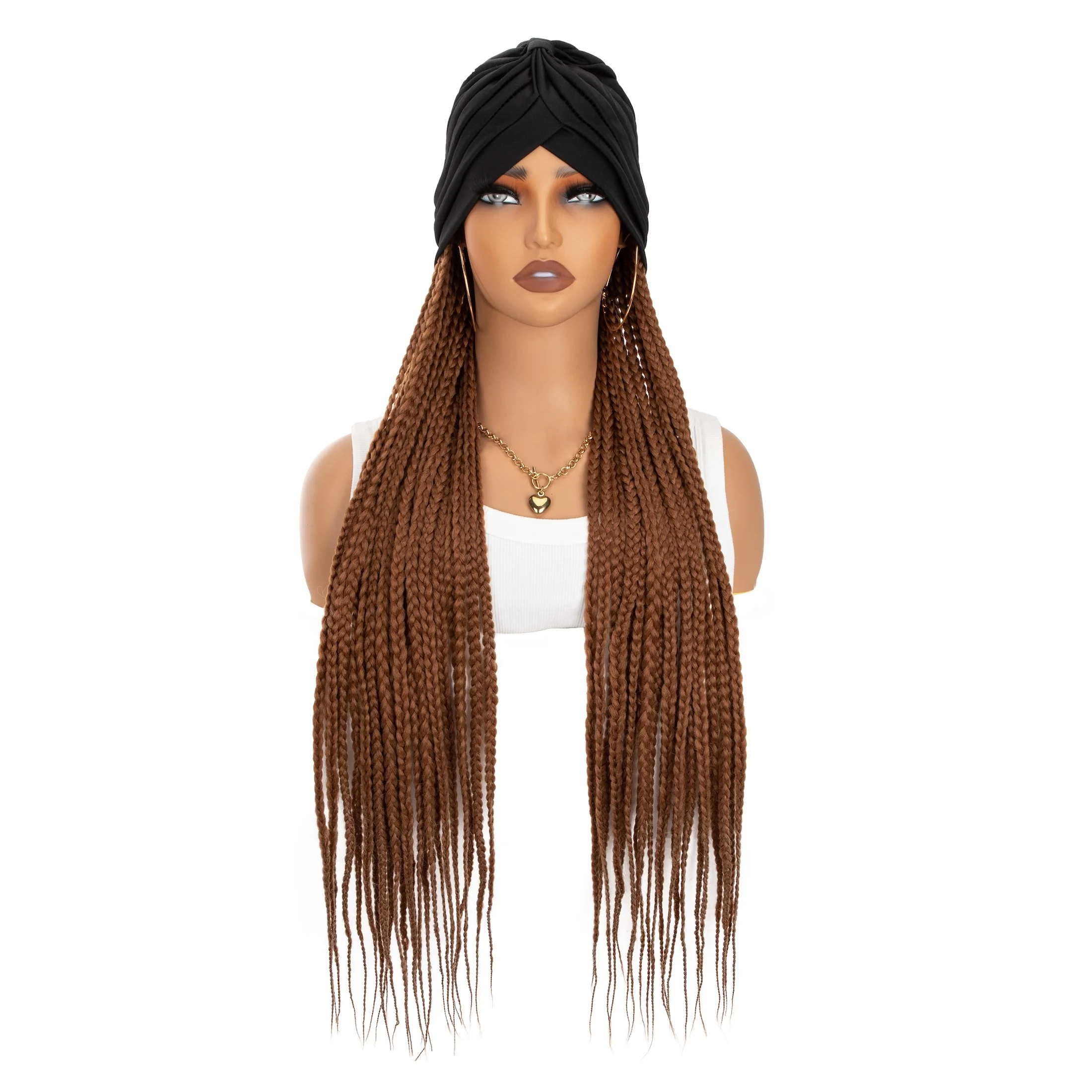 WIGERA Long Brown Braided Synthetic Wigs With Elastic Band Headband And Turban Hat Box Braiding Hair Extensions For Women