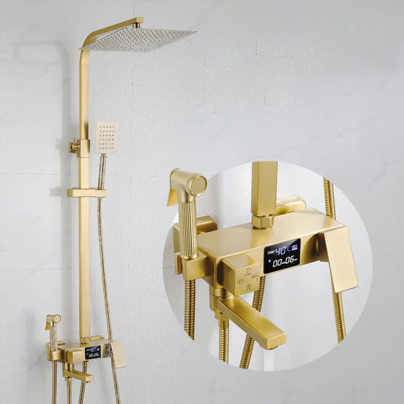 Modern Luxury Stainless Steel Copper Gold Shower Mixer Set Bathroom Led Digital Wall Mounted Shower Faucet Set Hotel Showers