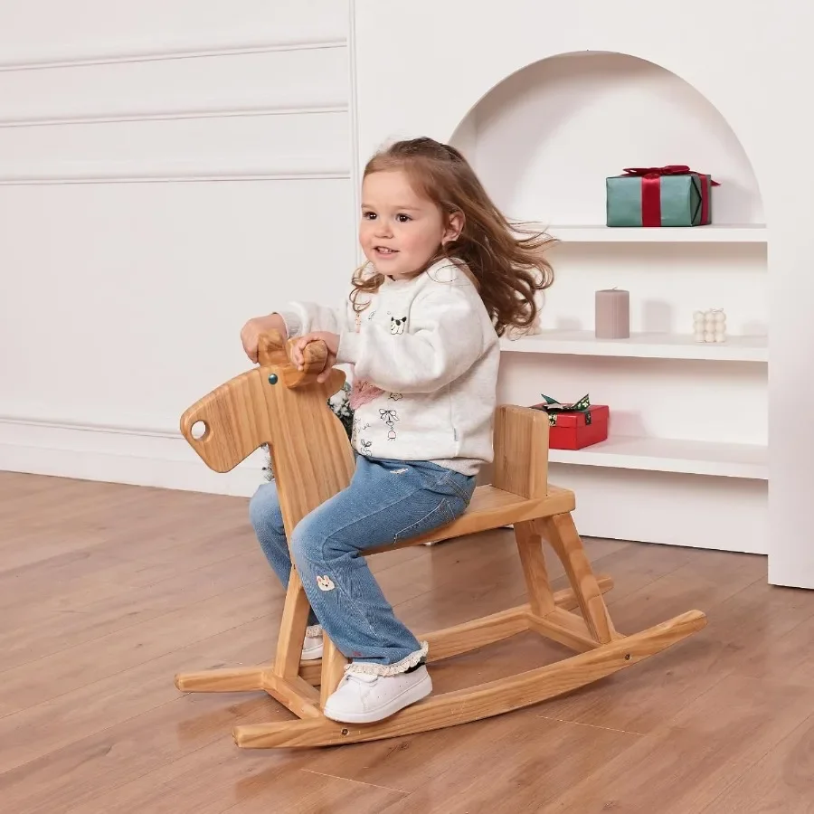 Kid Wooden Rocking Horse Baby Ride On Toy Rocker for Toddler Rocking Reindeer w backrest Ideal Birthday Christmas Birthday Gift