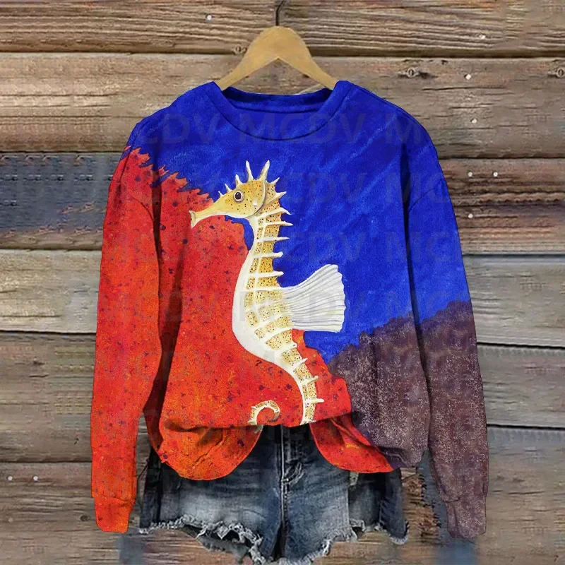 Seahorse Couple Oil Painting Art Print Crew Neck Sweatshirt 3D Printed Women Casual Pullover