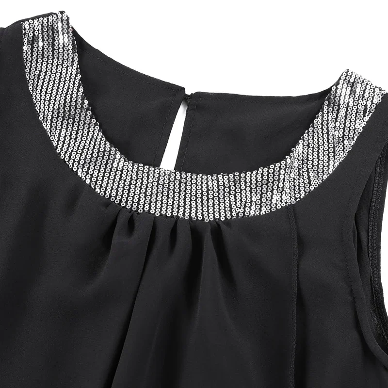 Vestido de gasa con lentejuelas negras para mujer, vestido elegante sin mangas con volantes, bodycon para fiesta, vestidos bohemios informales para playa 2024 S-5XL