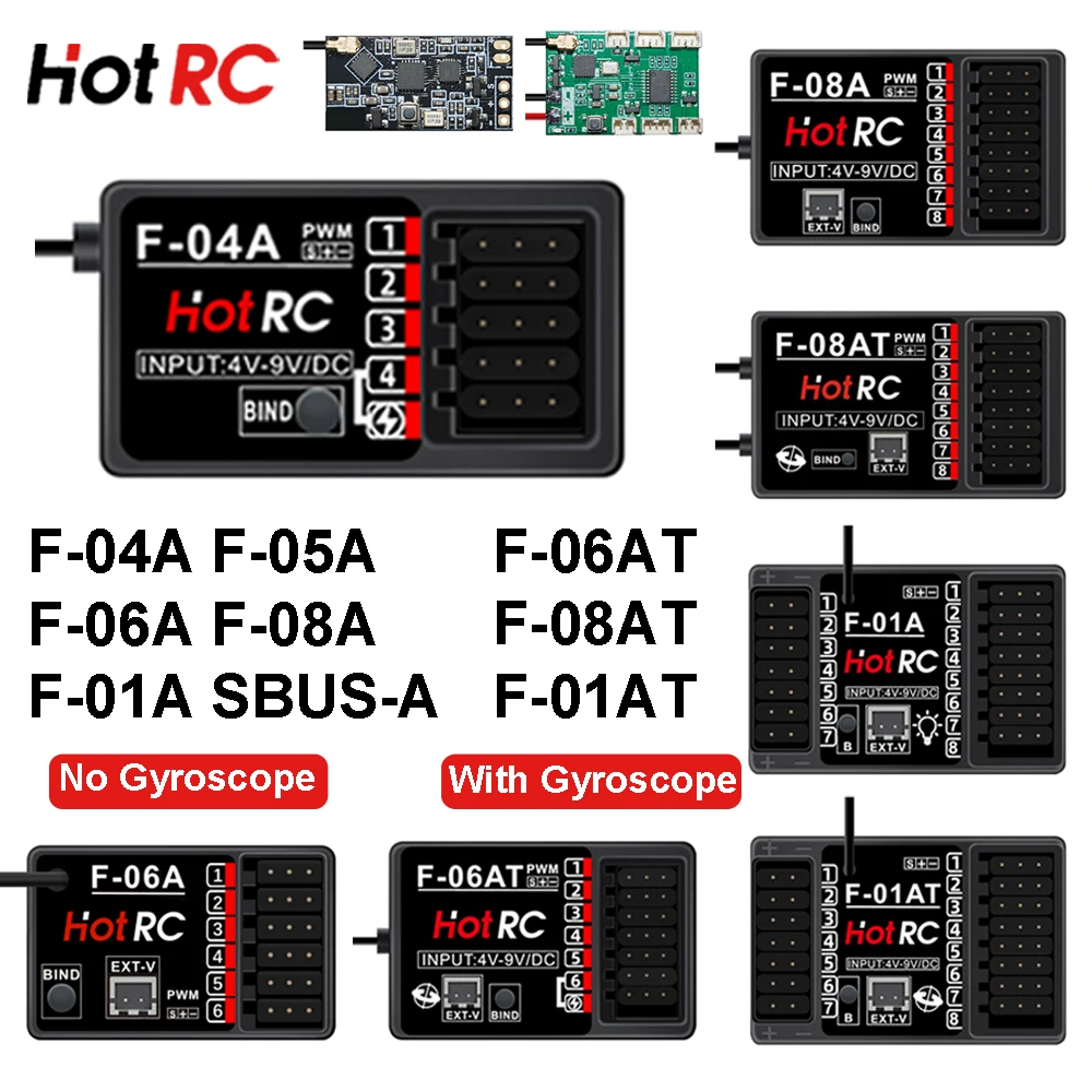 HotRC 2.4GHz 4/5/6/8/16 Channel Receiver F-04A F-05A F-06A F-08A F-01A SBUS-A with Gyro for CT-6A CT-8B DS600 DS-4A Transmitter