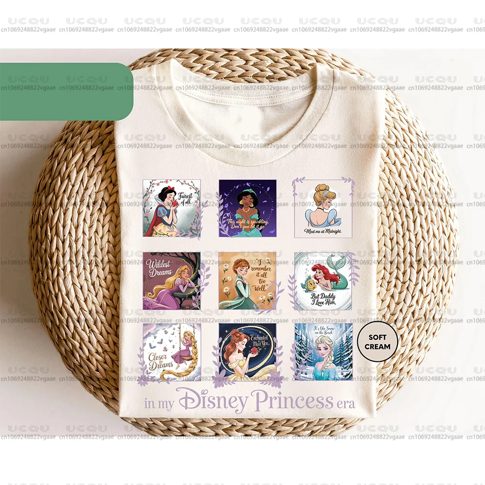 ديزني الأميرة عصر قميص جرلي تي شيرت علوي ديزني لاند عيد ميلاد فتاة هدية Y2k الملابس القطن مملكة سحرية البلوز جديد