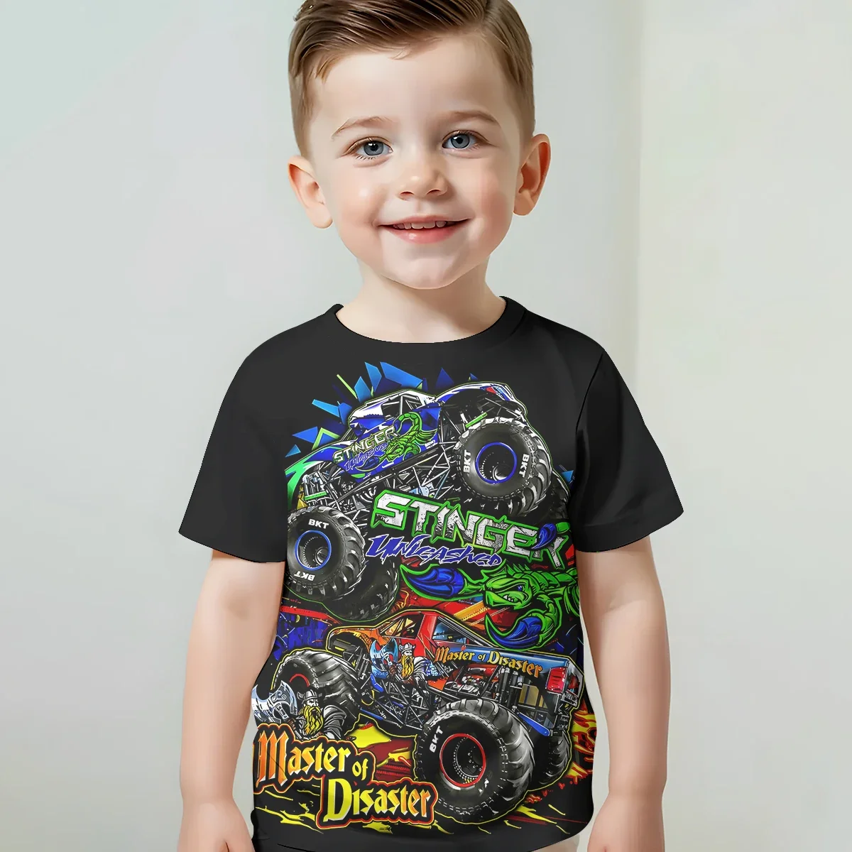 Ropa de bebé con estampado 3D de camión de dibujos animados Monster Jam, ropa de exterior masculina de 5 a 14 años para niños, camiseta para niños y niñas